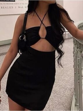 Black Beginning Boutique Cutout Halter Satin Mini Dress